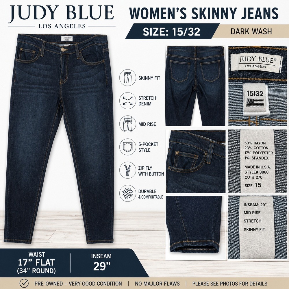 Judy Blue Women Skinny Jeans Dark Wash Mid Rise Stretch Denim 8860 Size 15/32